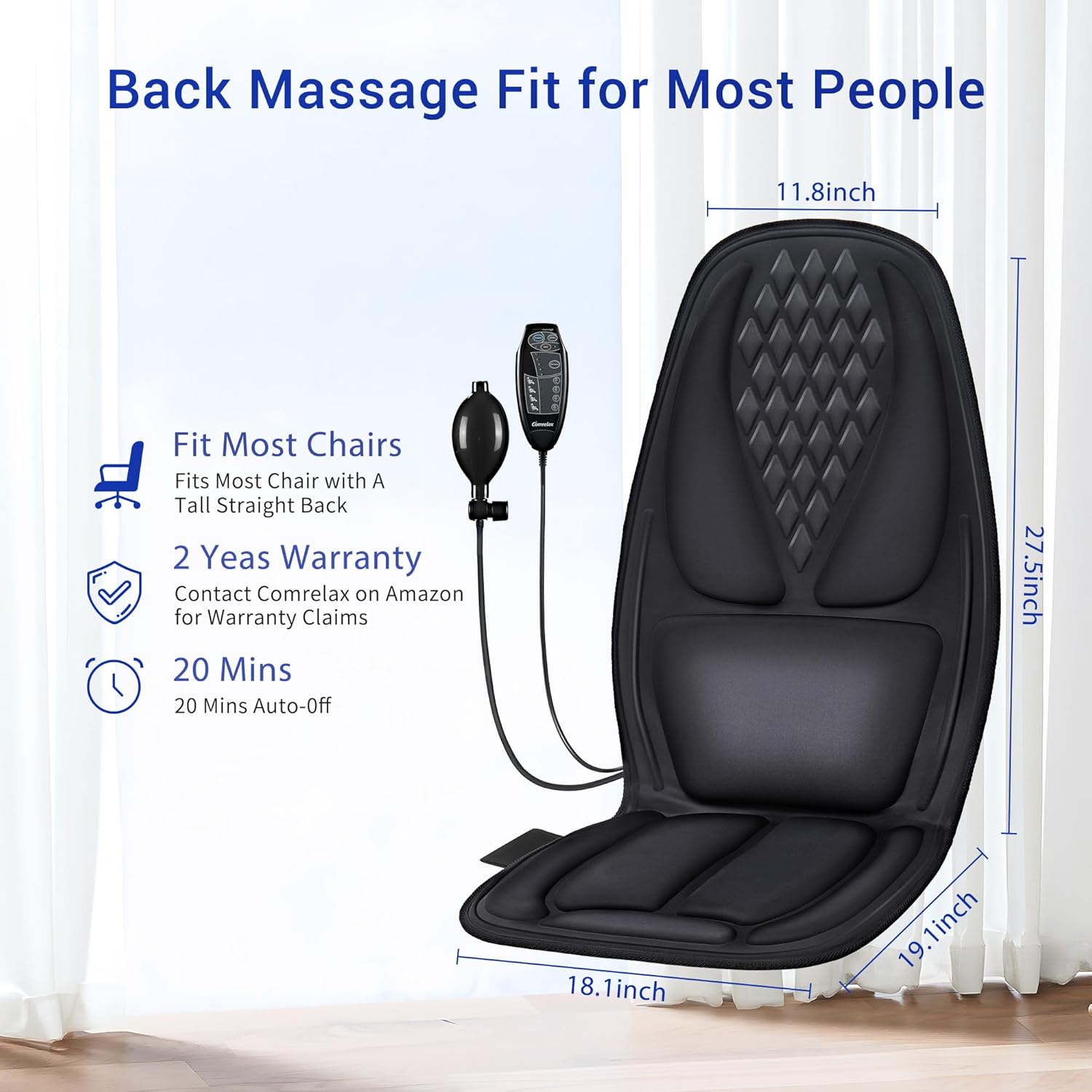 Back Massager with Heat, Massage Chair Pad with 3D Lumbar Support for Back Pain Relief, Portable Massage Chair Cushion, Gifts for Men & Women
