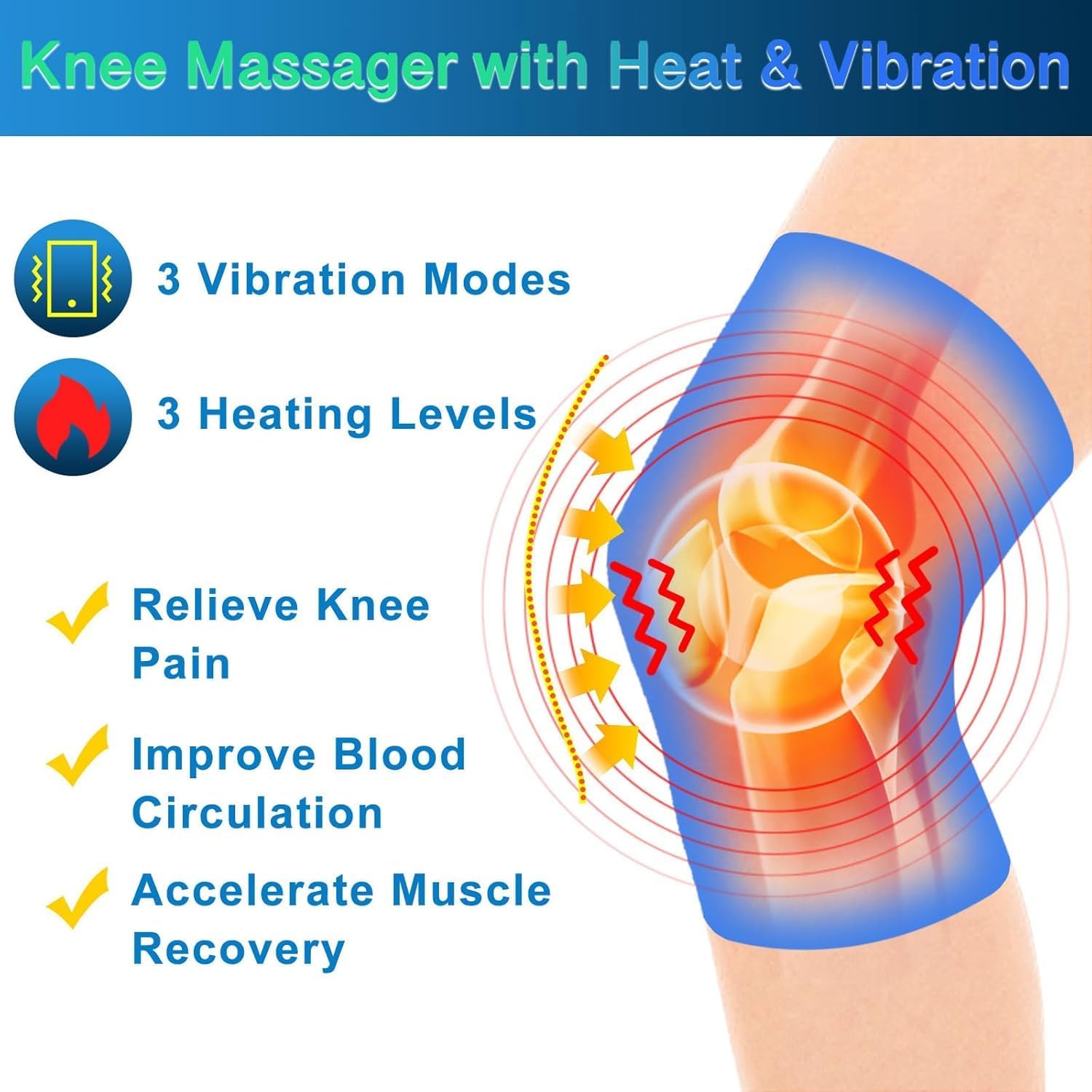 Cordless Knee Massager with Heat & Vibration, Knee Heating Pad for Pain Relief Deep Tissue,Rechargeable Knee Brace for Women Men, Knee Wrap Warmer for Men Women Elders, Leg Massager with Battery
