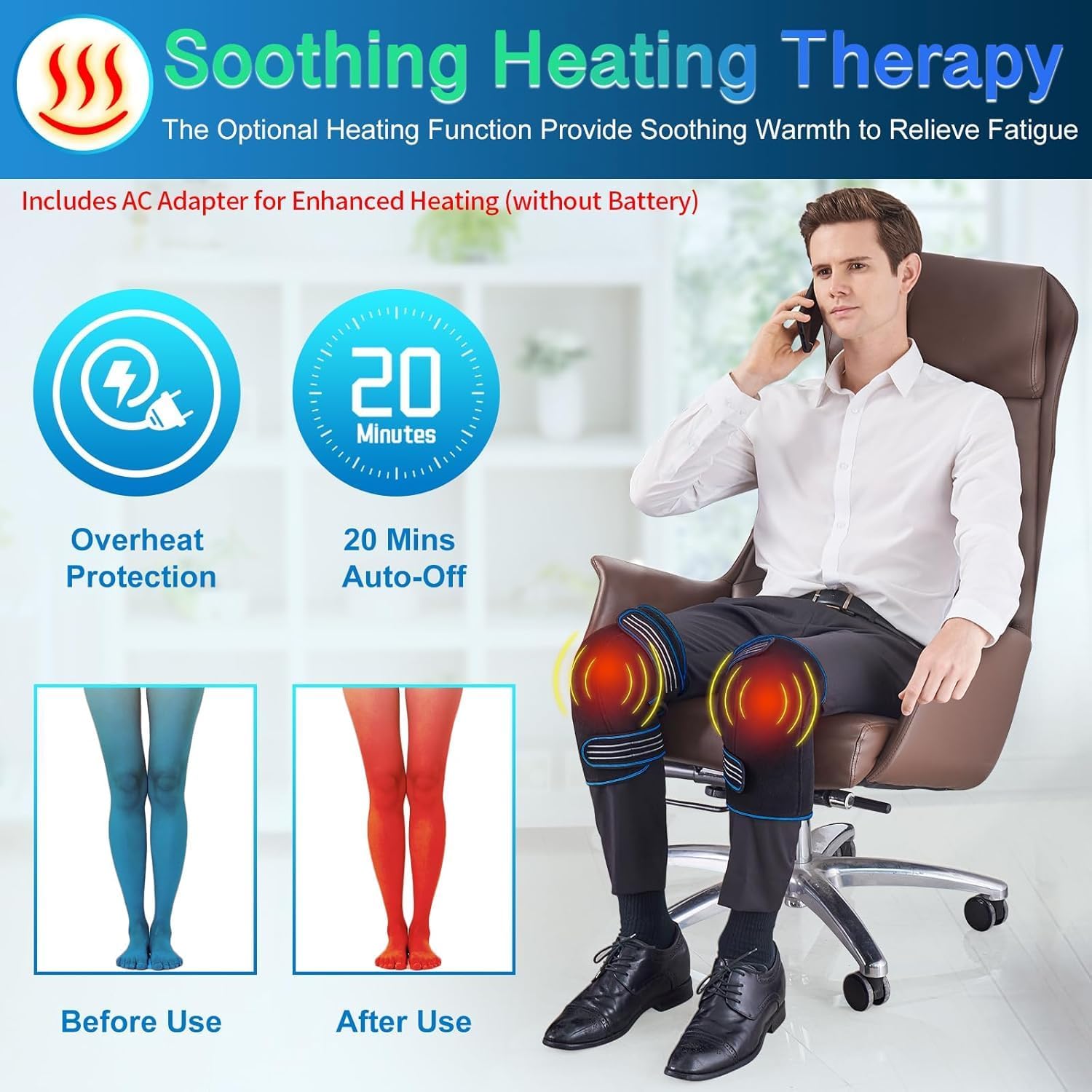 Knee Massager with Heat & Vibration, Heating Pad for Knee Pain Relief, Heating Pad for Leg Pain, Leg Massager, 3 Vibration Modes 3 Heat Levels, AC Adapter Heating Faster (No Battery)