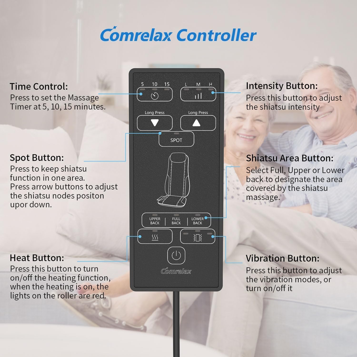 Comrelax Shiatsu Back Massager with Heat, Deep Tissue Kneading & Vibration Seat Cushion, PU Leather