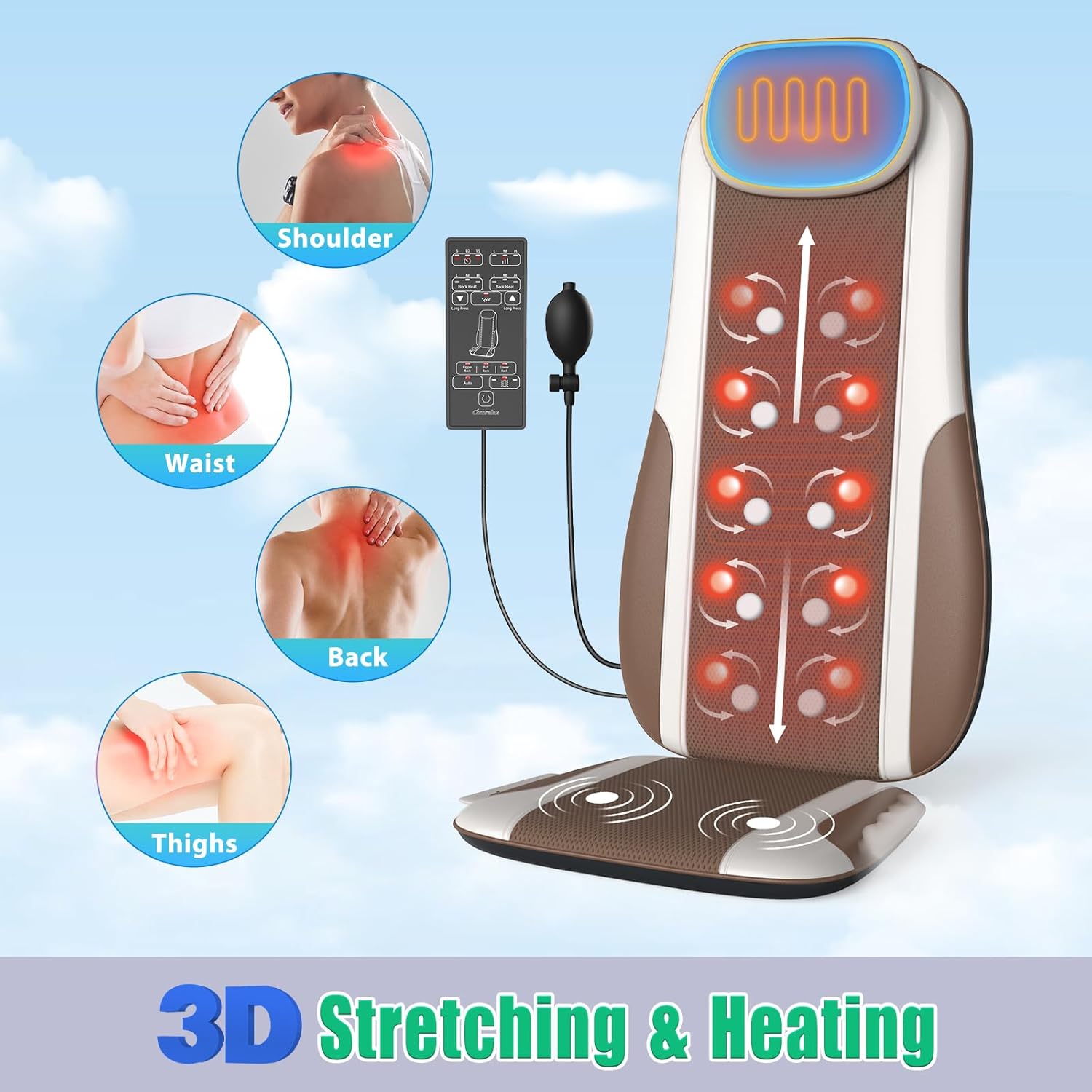 Comrelax Shiatsu Back Massager with Heat, Deep Tissue Kneading & Vibration Seat Cushion, PU Leather