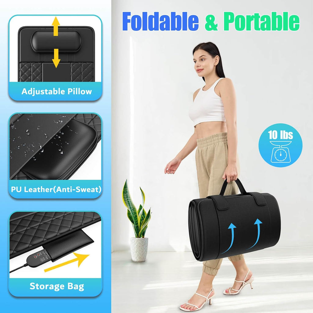 Full Body Massage Mat with Heat, 3D Stretching Back Massager Pad for Bed Sofa Floor, Lumbar & Neck Support, 4 Modes 3 Intensities 3 Heat Levels, Portable & Foldable, PU Leather, Gift for Dad/Mom