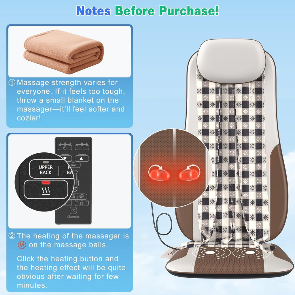 Comrelax Shiatsu Back Massager with Heat, Deep Tissue Kneading & Vibration Seat Cushion, PU Leather