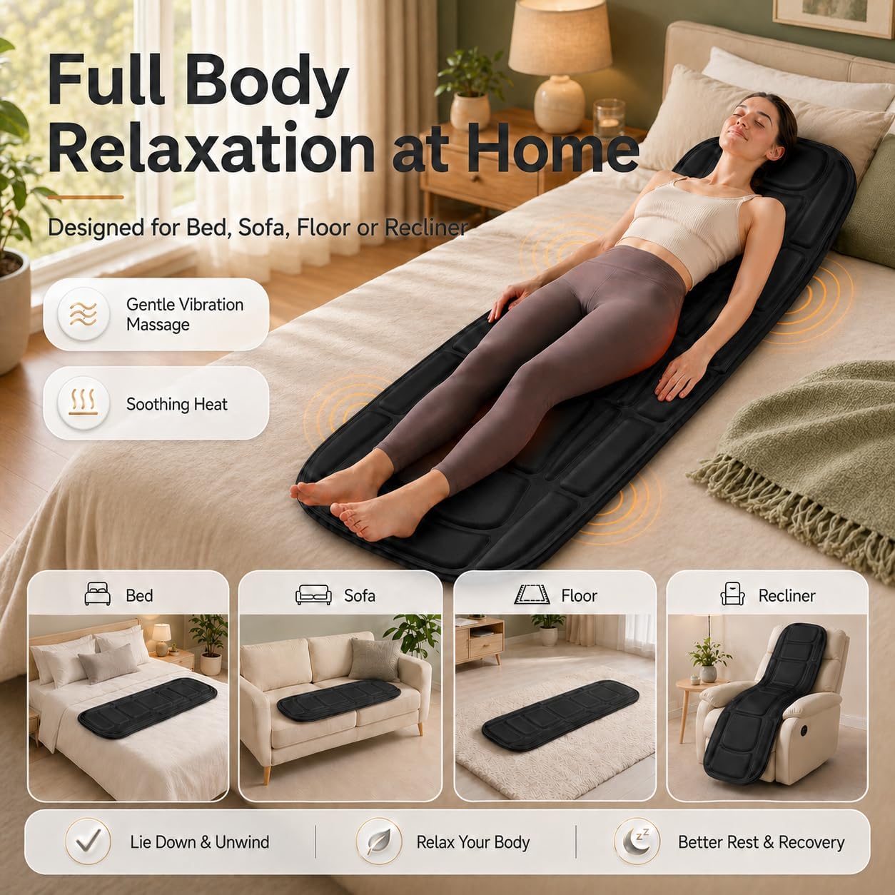 Full Body Massage Mat with Heat, Vibration Massage Mattress Pad with Lumbar Support Cushion, Foldable Massage Mat for Bed, Sofa & Floor, Relaxation & Comfort