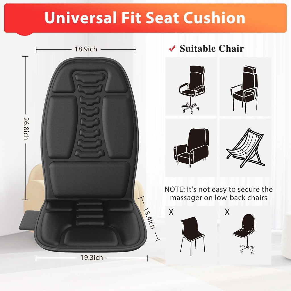 Back Massager with Heat, Vibration Massage Chair Pad with 8 Motors & 2 Heat Levels for Back & Thighs, Back Massage Pad for Office & Home Chairs, Matte Black