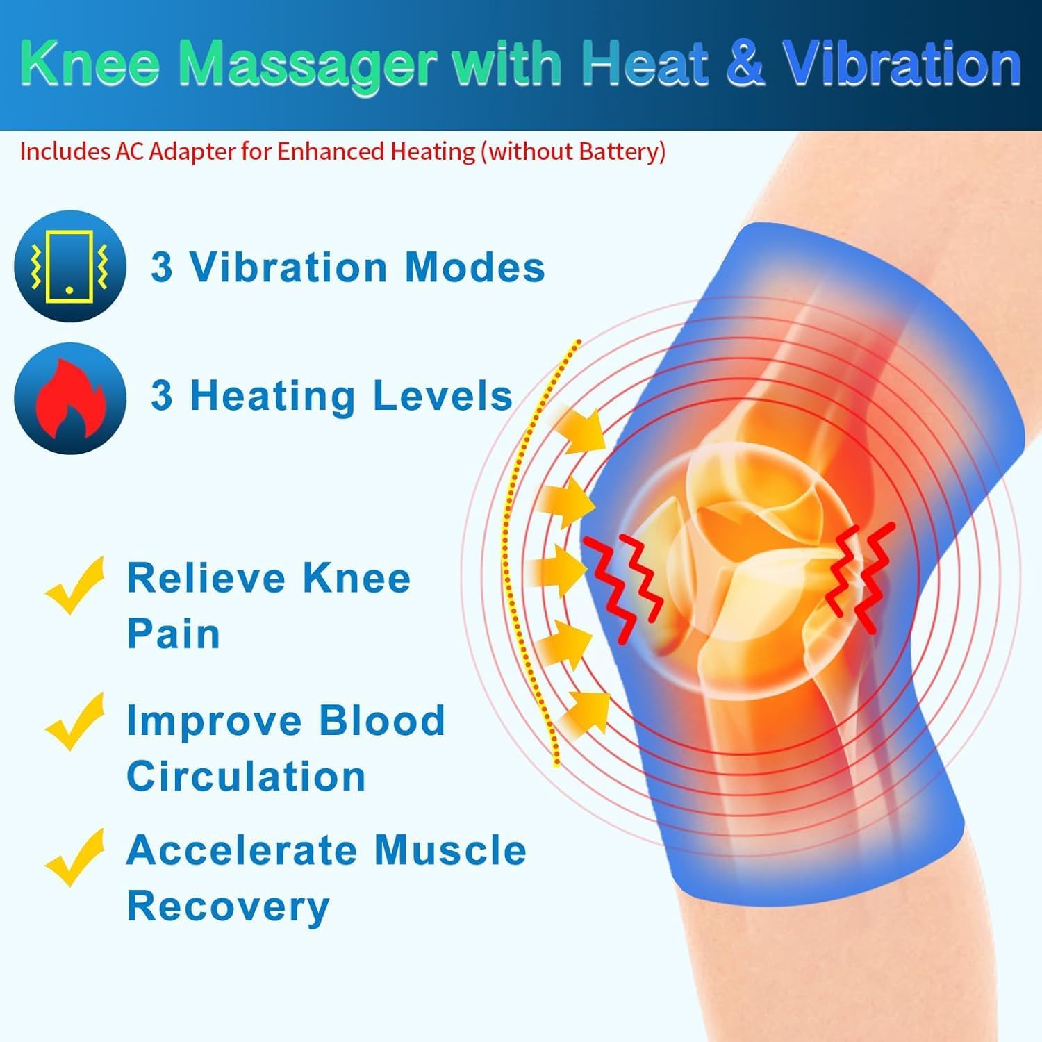 Knee Massager with Heat & Vibration, Heating Pad for Knee Pain Relief, Heating Pad for Leg Pain, Leg Massager, 3 Vibration Modes 3 Heat Levels, AC Adapter Heating Faster (No Battery)
