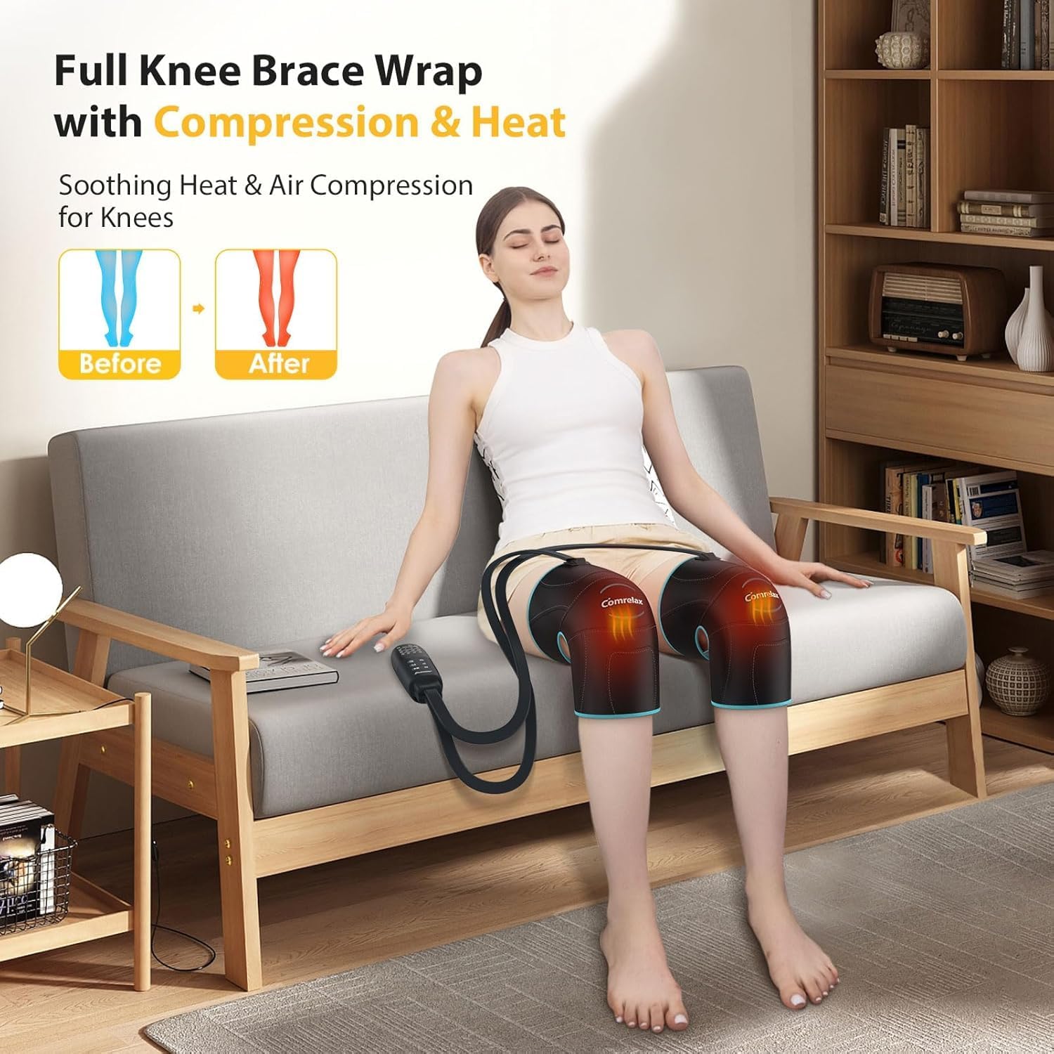 Knee Massager with Heat & Air Compression, Heated Knee Brace Wrap, Knee Heating Pad for Arthritis, Joint Pain, 4 Modes 3 Intensities 3 Heat Levels, Leg Massager with LCD Controller (No Battery)