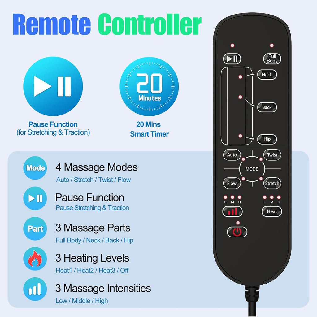 Full Body Massage Mat with Heat, 3D Stretching Back Massager Pad for Bed Sofa Floor, Lumbar & Neck Support, 4 Modes 3 Intensities 3 Heat Levels, Portable & Foldable, PU Leather, Gift for Dad/Mom