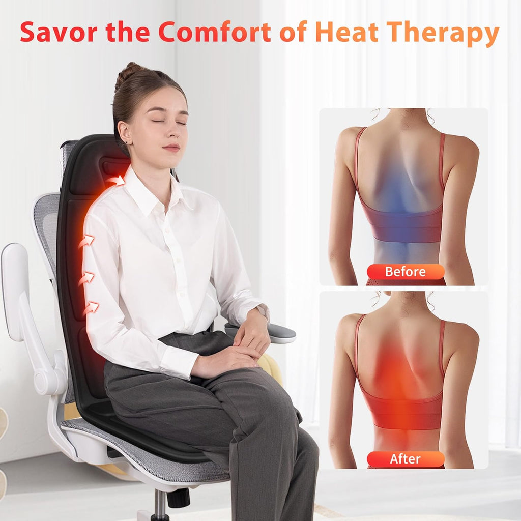 Back Massager with Heat, Vibration Massage Chair Pad with 8 Motors & 2 Heat Levels for Back & Thighs, Back Massage Pad for Office & Home Chairs, Matte Black