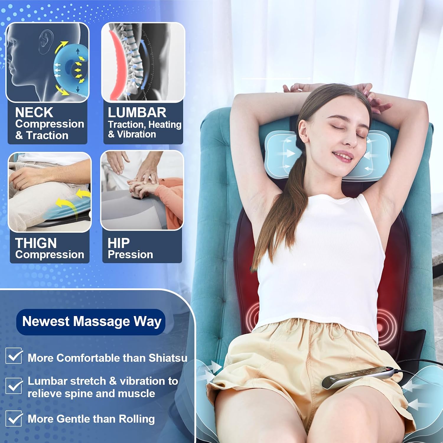 Back Massager with Heat and Traction, Foldable Massage Seat Pad with Vibration, Adjustable Neck and Waist Support, PU Leather Massage Cushion for Home, Office, Sofa, Bed and Gift Use