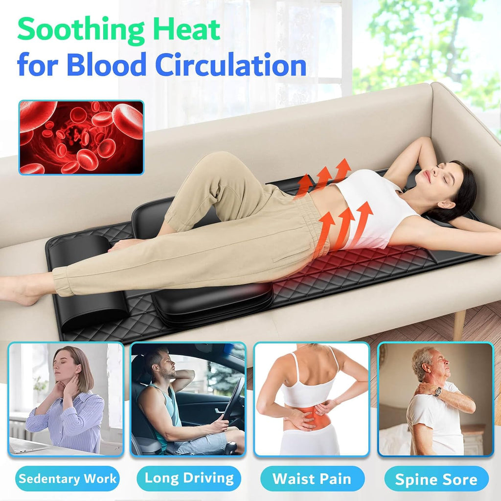 Full Body Massage Mat with Heat, 3D Stretching Back Massager Pad for Bed Sofa Floor, Lumbar & Neck Support, 4 Modes 3 Intensities 3 Heat Levels, Portable & Foldable, PU Leather, Gift for Dad/Mom