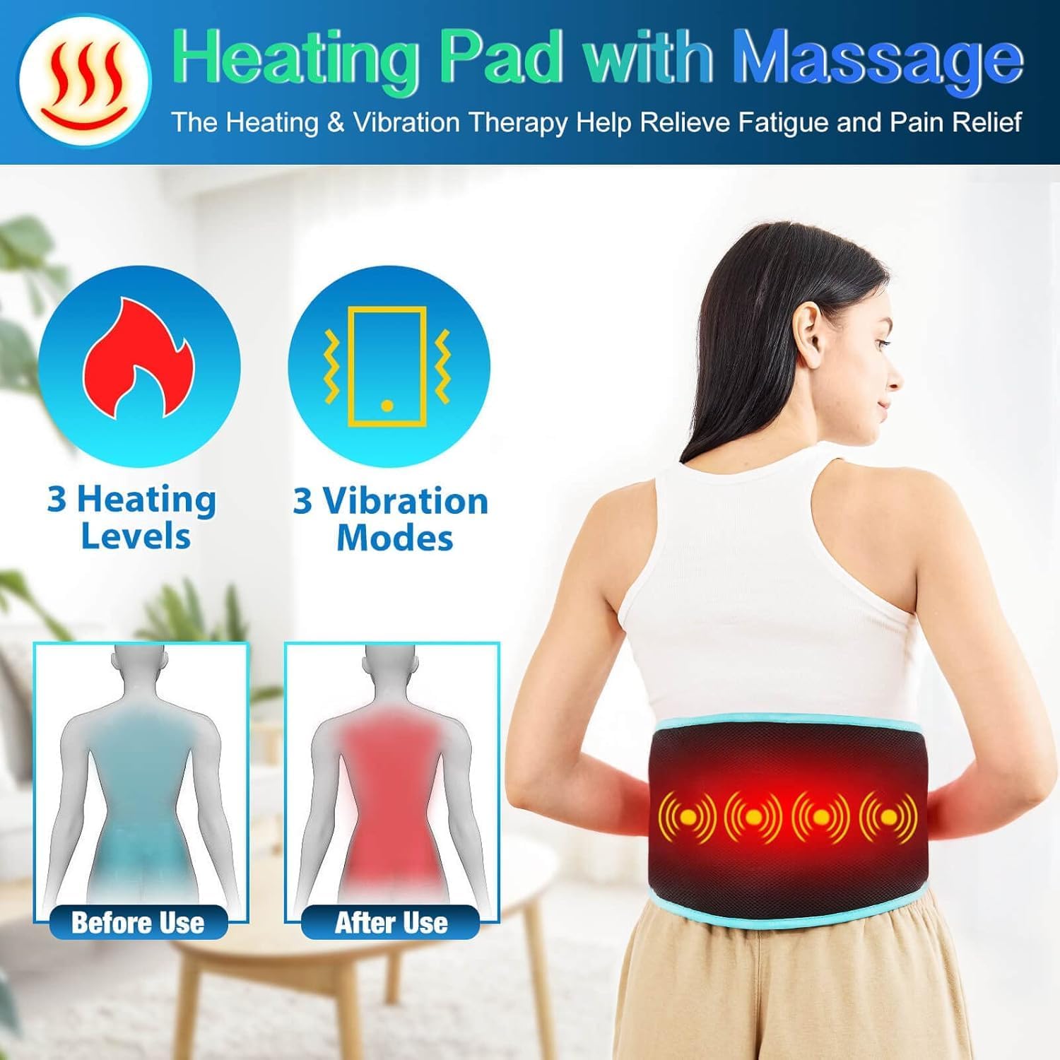 Heating Pad with Massager for Back, Lower Back Massager FSA Eligible HSA Rechargeable Wireless Electric, Birthday Gifts for Women Men Mom Dad Seniors 3 Heat Auto-Off