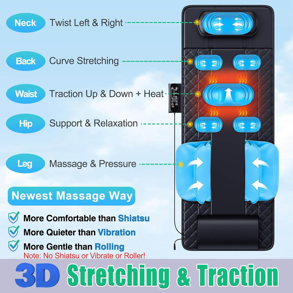 Full Body Massage Mat with Heat, 3D Stretching Back Massager Pad for Bed Sofa Floor, Lumbar & Neck Support, 4 Modes 3 Intensities 3 Heat Levels, Portable & Foldable, PU Leather, Gift for Dad/Mom