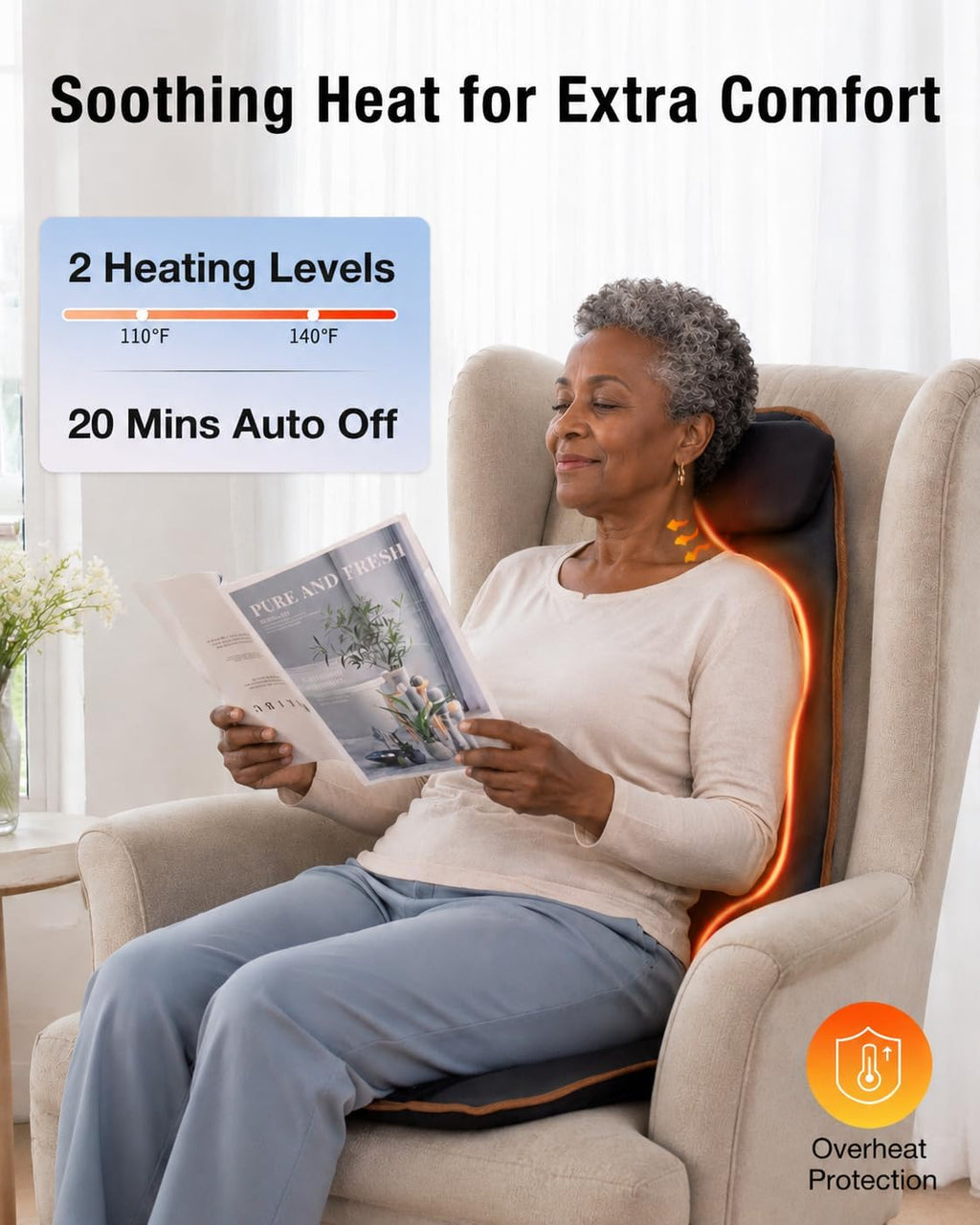 SLOTHMORE Massage Chair Pad, Back Massager for Chair, Massage Seat Cushion with 8 Vibration Motors, 2 Heat Levels for Neck/Back, Home & Office Use, Father Day Gifts