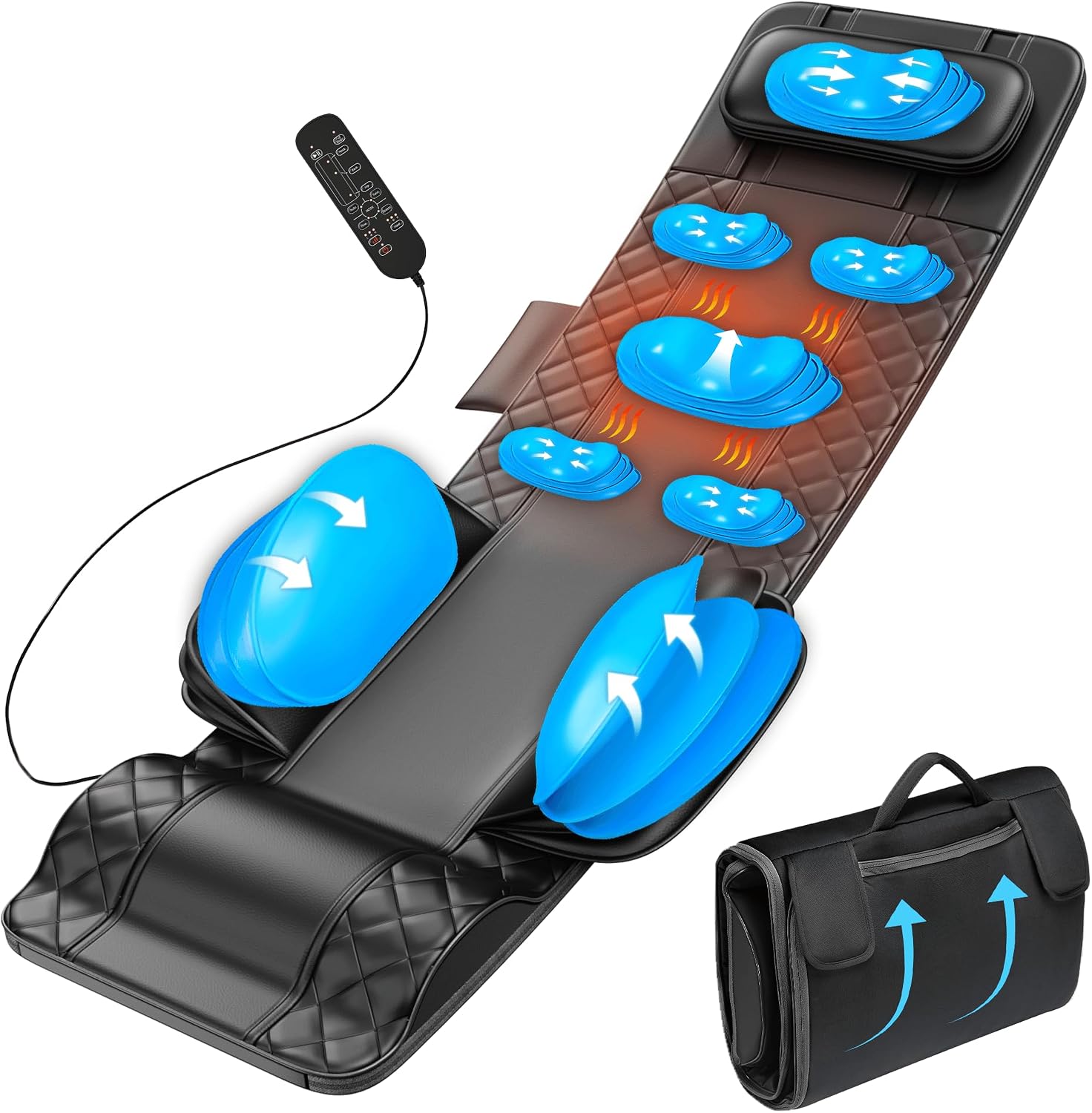 Full Body Massage Mat with Heat, 3D Stretching Back Massager Pad for Bed Sofa Floor, Lumbar & Neck Support, 4 Modes 3 Intensities 3 Heat Levels, Portable & Foldable, PU Leather, Gift for Dad/Mom