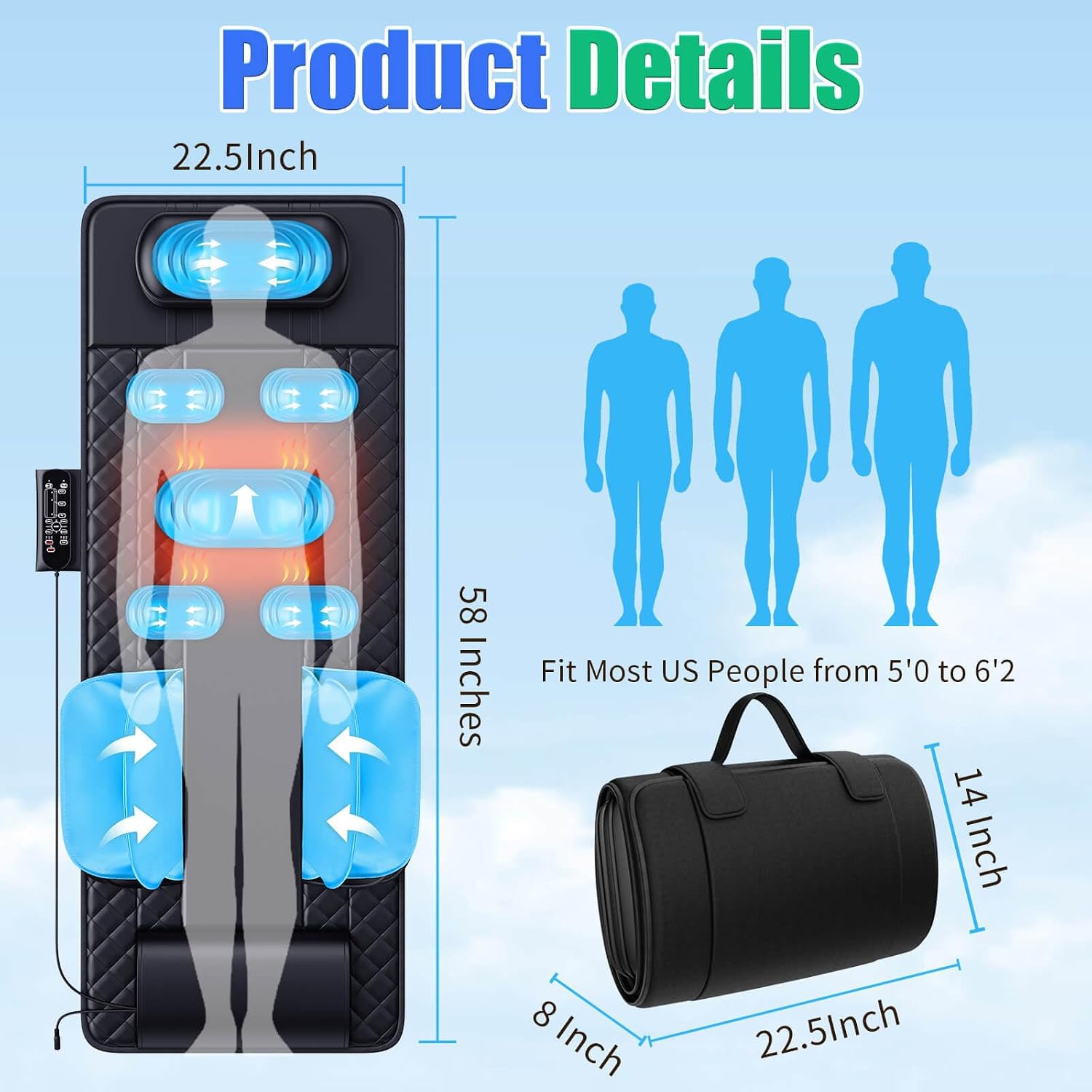 Full Body Massage Mat with Heat, 3D Stretching Back Massager Pad for Bed Sofa Floor, Lumbar & Neck Support, 4 Modes 3 Intensities 3 Heat Levels, Portable & Foldable, PU Leather, Gift for Dad/Mom