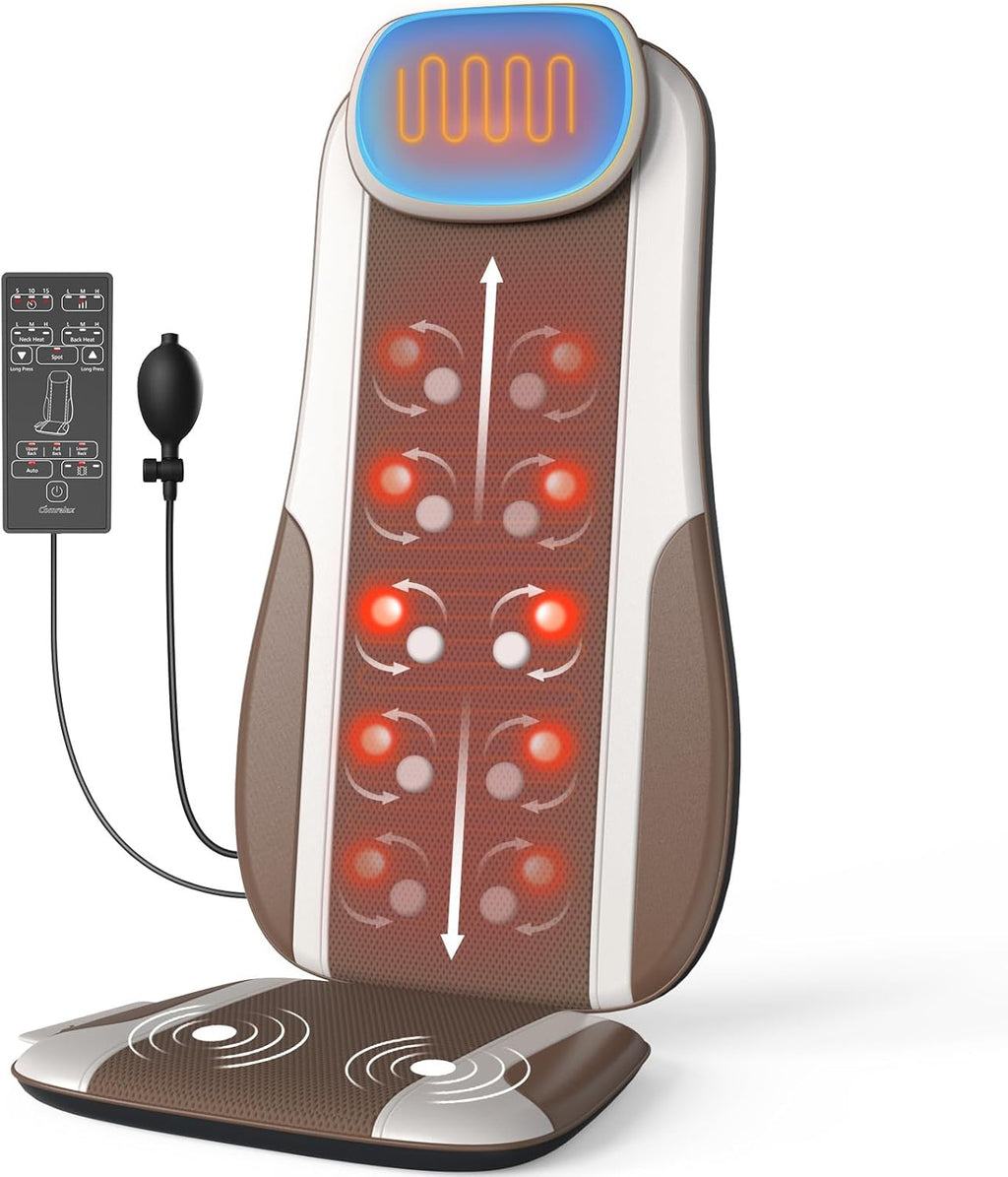 Comrelax Shiatsu Back Massager with Heat, Deep Tissue Kneading & Vibration Seat Cushion, PU Leather