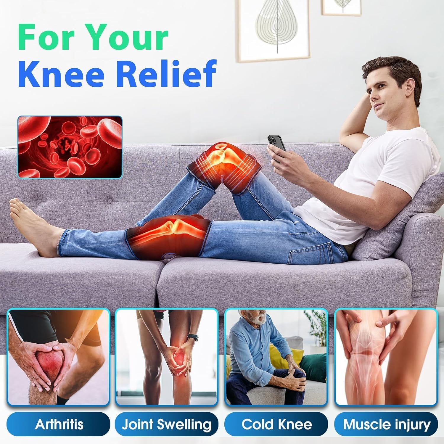 Knee Massager with Heat & Vibration, Heating Pad for Knee Pain Relief, Heating Pad for Leg Pain, Leg Massager, 3 Vibration Modes 3 Heat Levels, AC Adapter Heating Faster (No Battery)