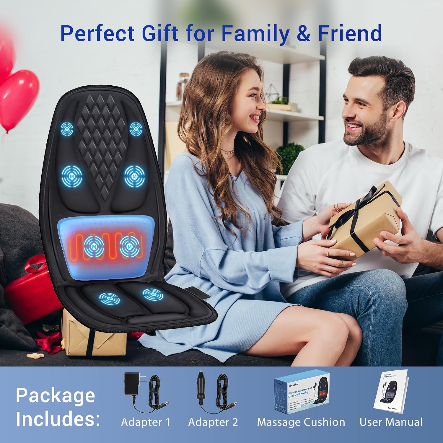 Back Massager with Heat, Massage Chair Pad with 3D Lumbar Support for Back Pain Relief, Portable Massage Chair Cushion, Gifts for Men & Women