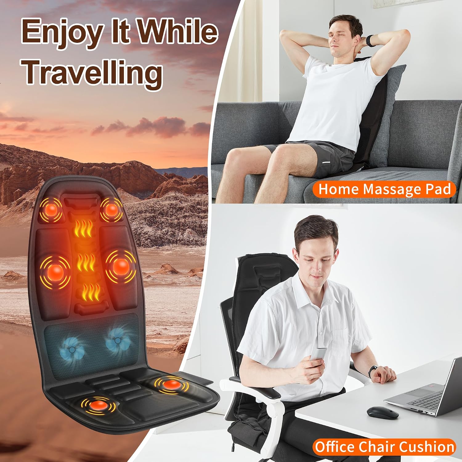 Massage Seat Cushion with Heat and Cooling Fan, Vibration Back Massager for Chair with 6 Motors, Chair Massager Pad for Office Chair, Sofa and Recliner, Jet-Black