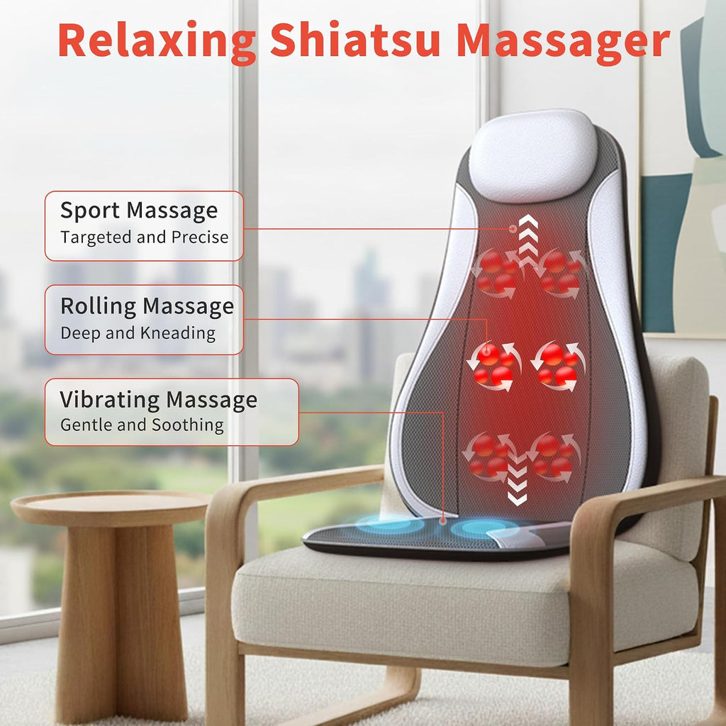 Shiatsu Back Massager with Heat & Cooling, Kneading Rolling Vibration Chair Massager for Deep Tissue Pain Relief, Massage Chair Pad for Home & Office