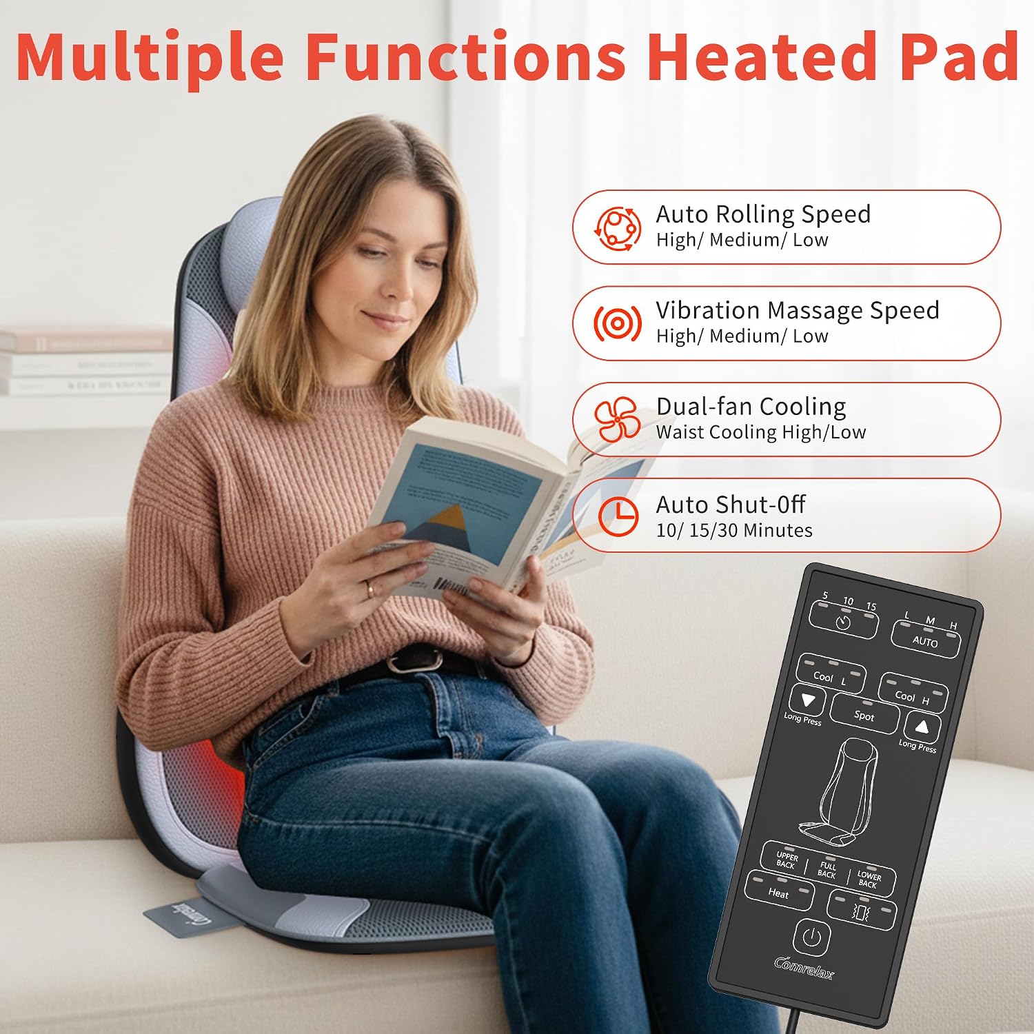 Shiatsu Back Massager with Heat & Cooling, Kneading Rolling Vibration Chair Massager for Deep Tissue Pain Relief, Massage Chair Pad for Home & Office