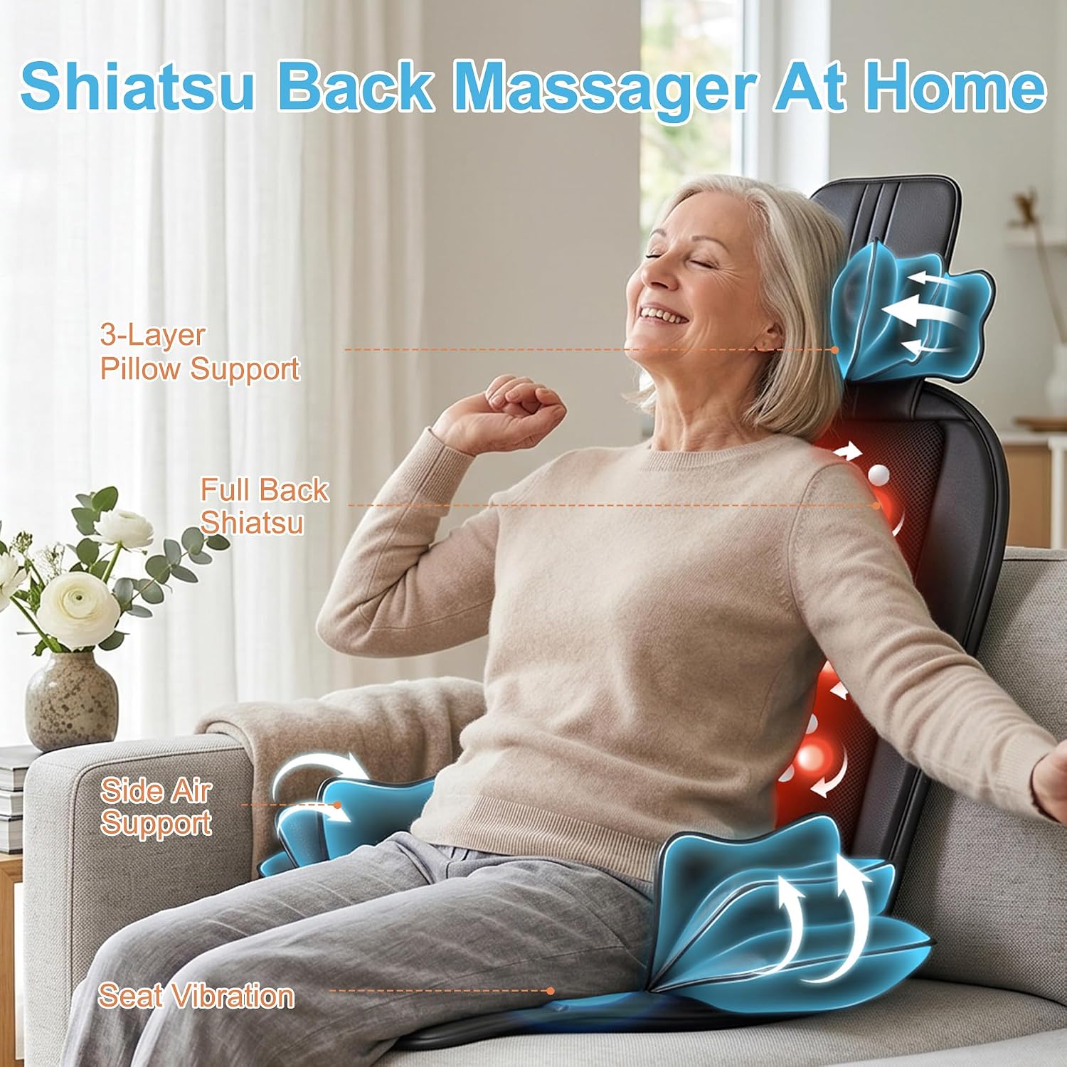 Shiatsu Massage Cushion with Heat, Moving Kneading Neck and Back Massager with Wraparound Neck Support, Seat Side Support and Vibration for Recliner, Sofa and Home Office