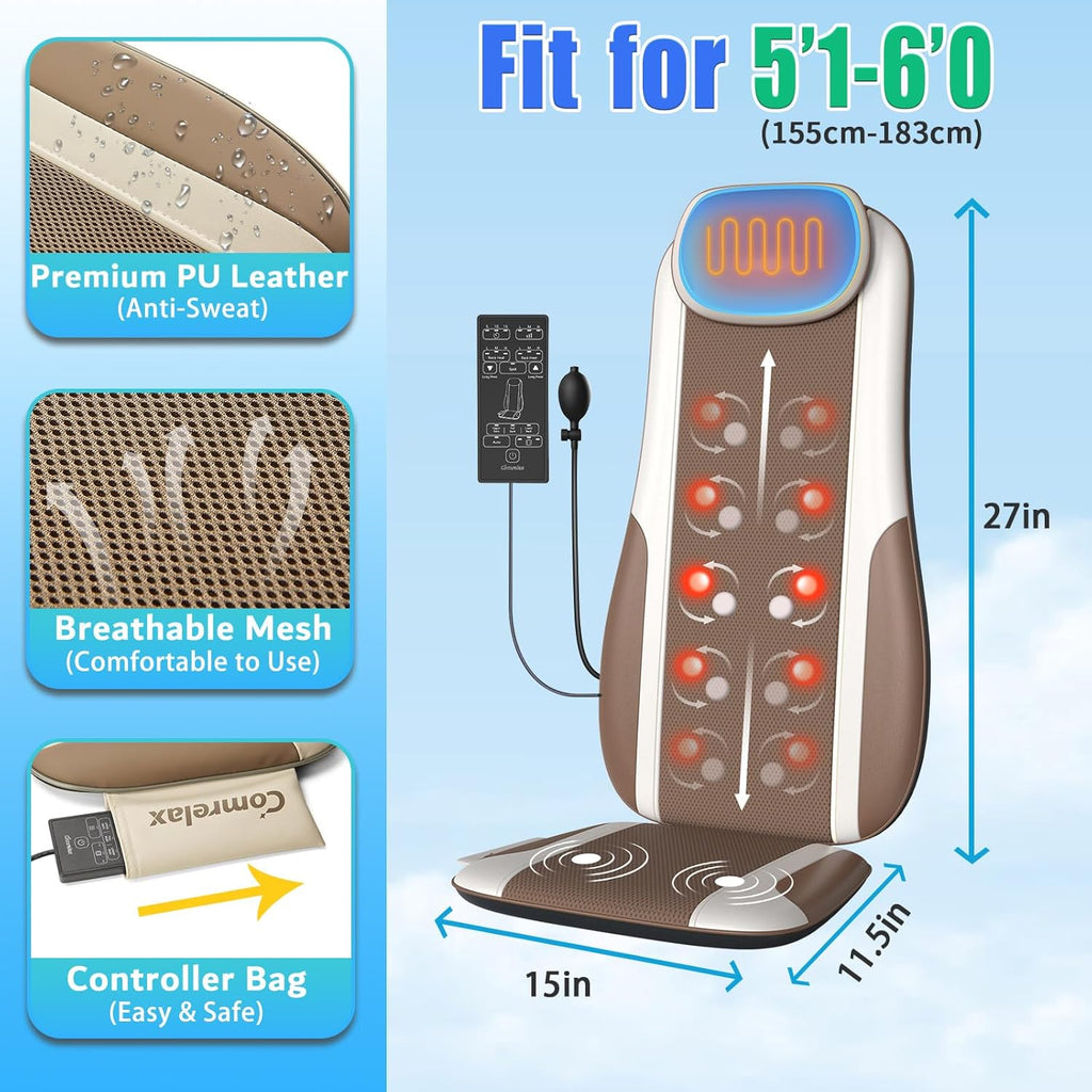 Comrelax Shiatsu Back Massager with Heat, Deep Tissue Kneading & Vibration Seat Cushion, PU Leather