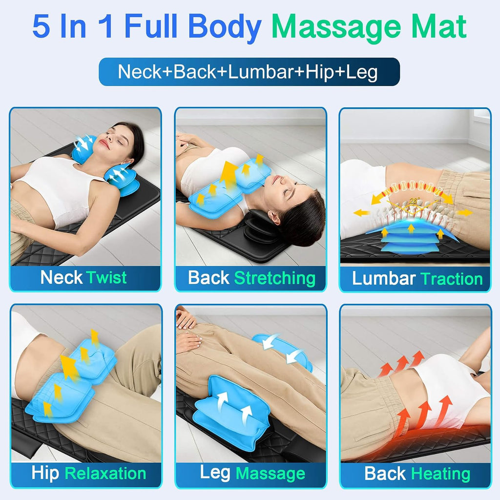Full Body Massage Mat with Heat, 3D Stretching Back Massager Pad for Bed Sofa Floor, Lumbar & Neck Support, 4 Modes 3 Intensities 3 Heat Levels, Portable & Foldable, PU Leather, Gift for Dad/Mom