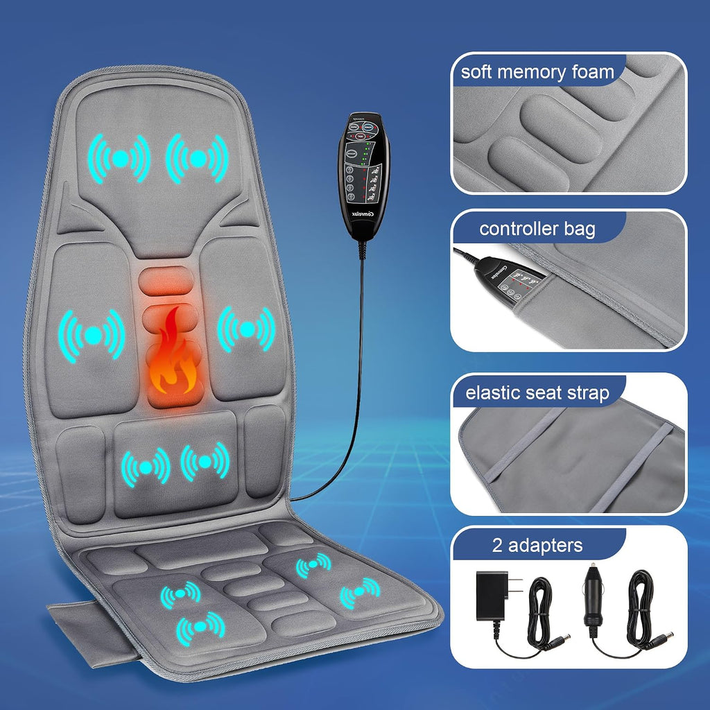Massager Seat Cushion, Heating Back Massage Chair Pad 10 Vibrating Massage Nodes for Pain Relief Deep Tissue Portable for Home Office Chair(Grey)