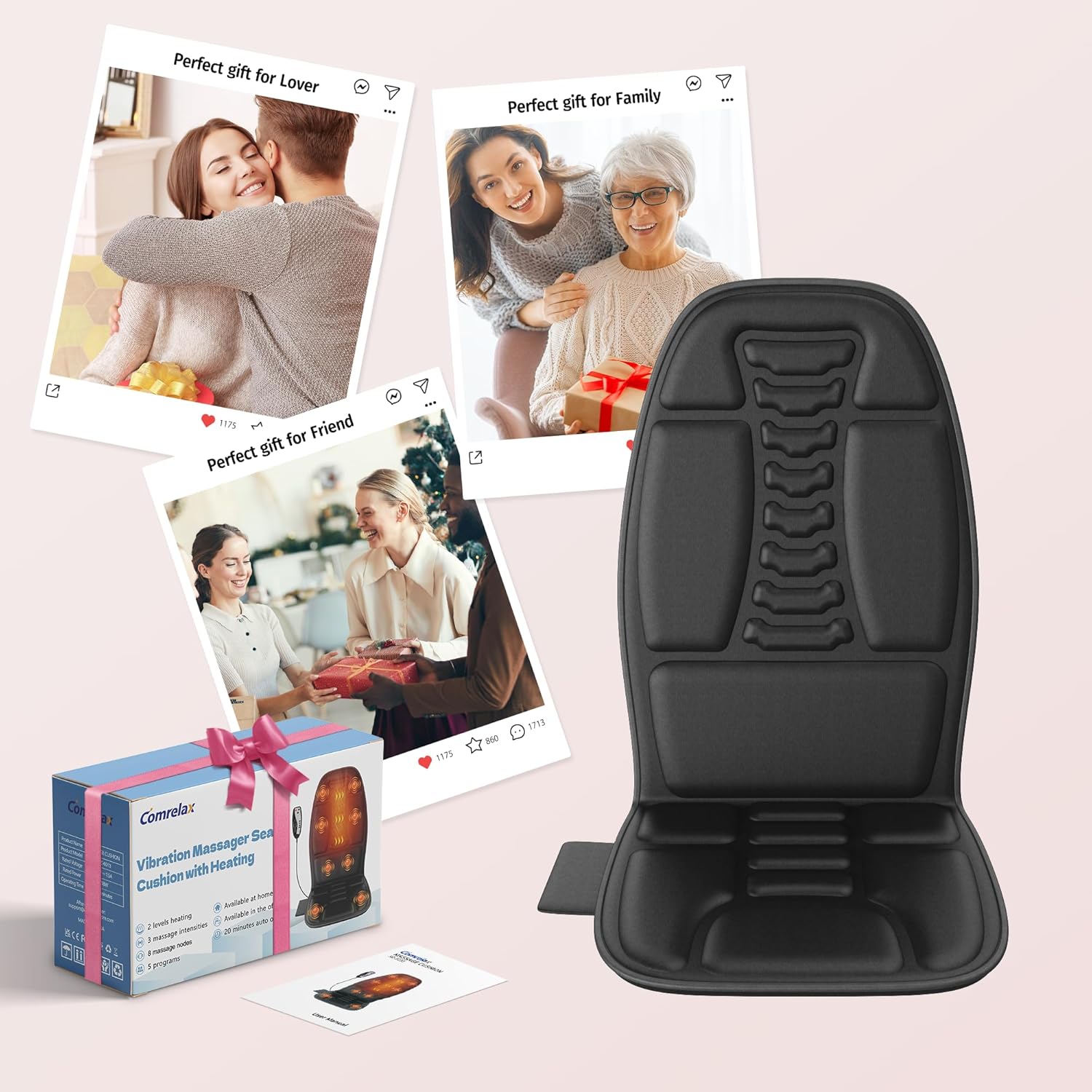 Back Massager with Heat, Vibration Massage Chair Pad with 8 Motors & 2 Heat Levels for Back & Thighs, Back Massage Pad for Office & Home Chairs, Matte Black