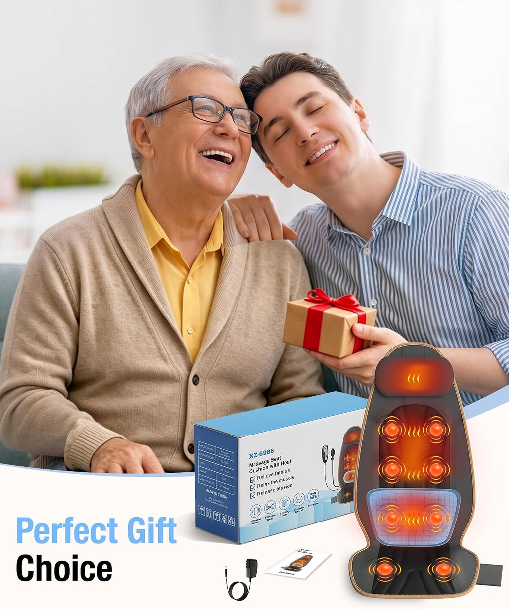SLOTHMORE Massage Chair Pad, Back Massager for Chair, Massage Seat Cushion with 8 Vibration Motors, 2 Heat Levels for Neck/Back, Home & Office Use, Father Day Gifts