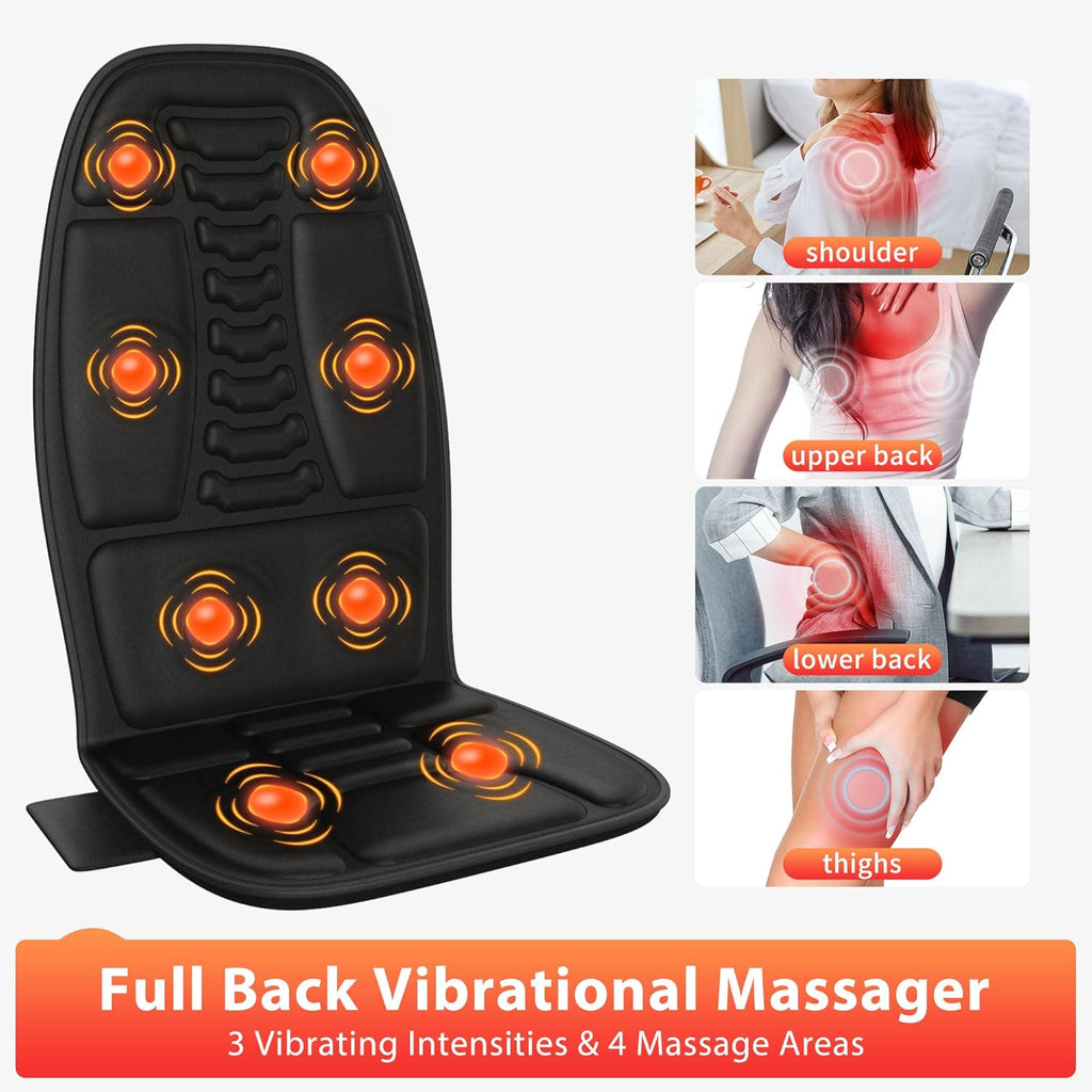 Back Massager with Heat, Vibration Massage Chair Pad with 8 Motors & 2 Heat Levels for Back & Thighs, Back Massage Pad for Office & Home Chairs, Matte Black